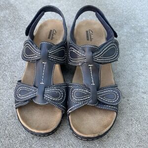 Clarks Collection Lexi Walnut Q Slate Dark Gray Leather Sandals Womens 9 XW